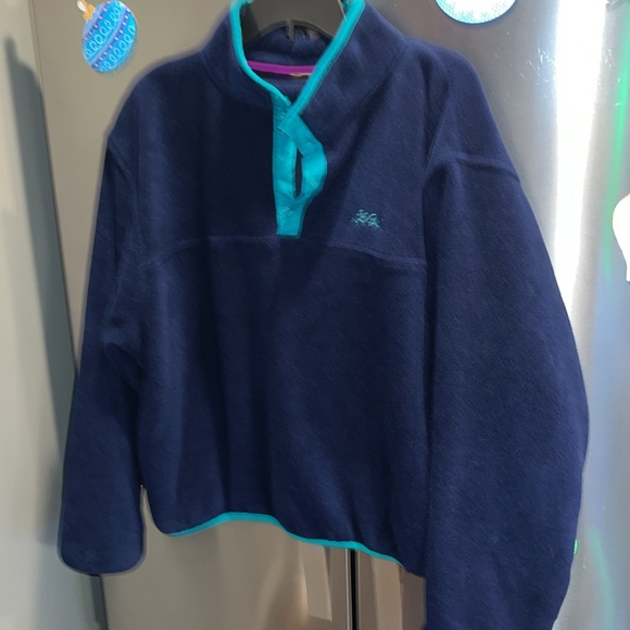 LL Bean BLUE FLEECE jacket aqua trim PULLOVER 4 snap neck, Mens 2XL side pockets - Picture 15 of 15